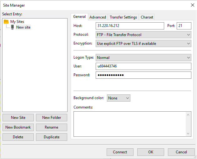 Membuat FileZilla client melaui Site Manager dengan FTP Hostinger