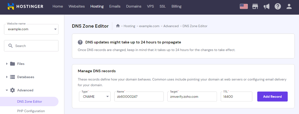 The CNAME DNS record type on hPanel's DNS Zone Editor with modified Name and Target