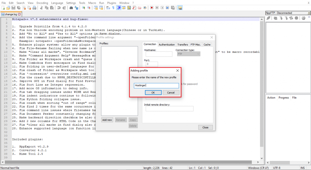 Creating a new FTP profile to make a Notepad++ FTP connection.