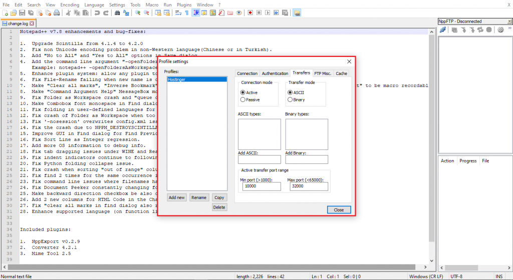 Setting the Connection mode as Active and the Transfer mode as ASCII to make a Notepad++ FTP connection.