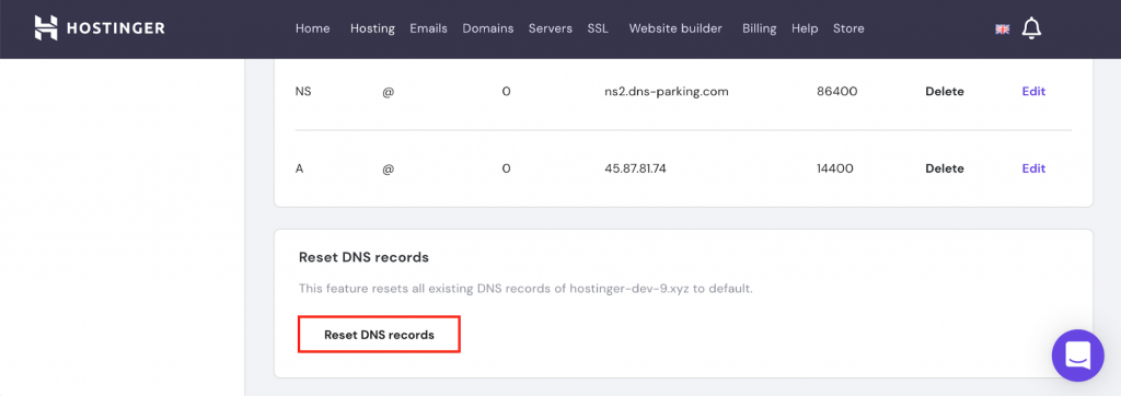 Screenshot showing how to reset DNS default settings