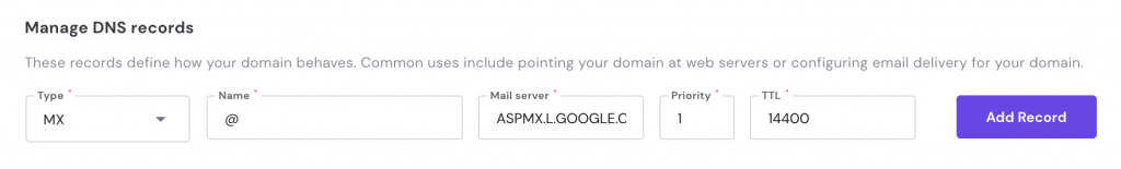 Screenshot showing DNS MX record using Google Workspace's mail servers