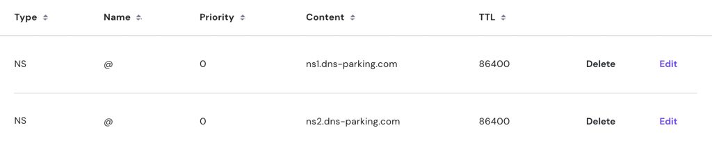 Screenshot showing DNS NS record