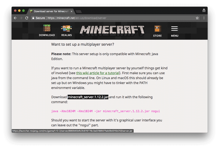 Téléchargement du logiciel serveur Minecraft sur Mac