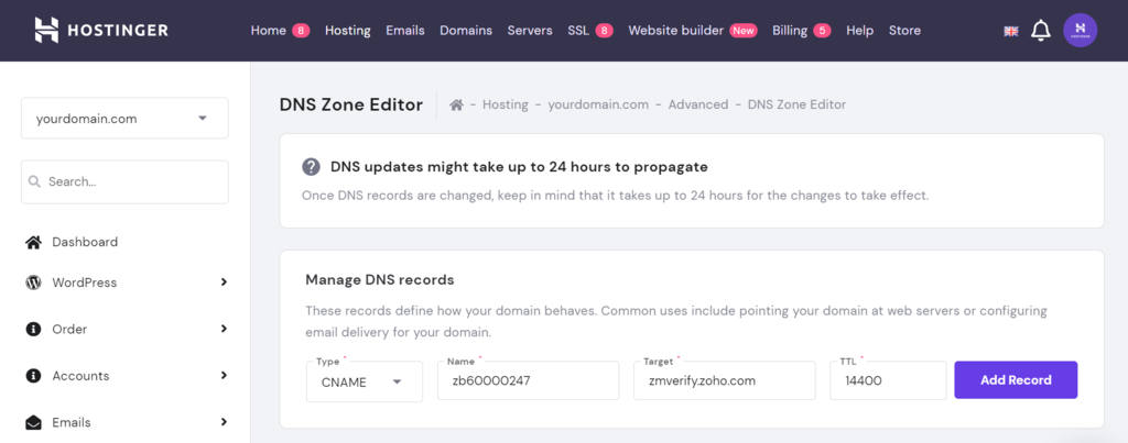 Editing DNS Zone Editor in hPanel.