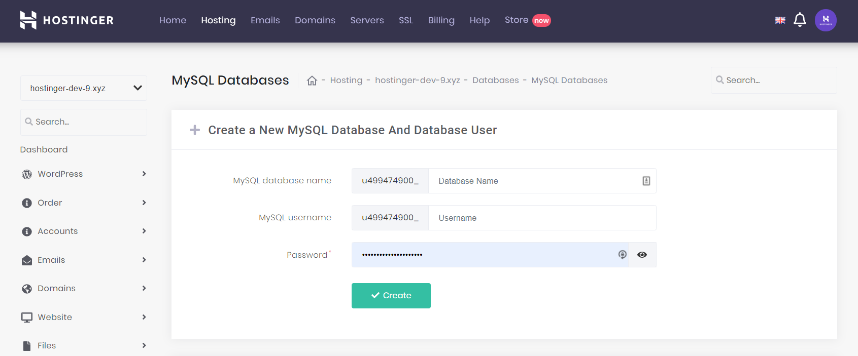 MySQL menu on Hostinger's hPanel to create a MySQL database