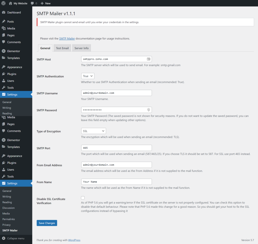 Screenshot of how to setup SMTP Mailer through the WordPress dashboard