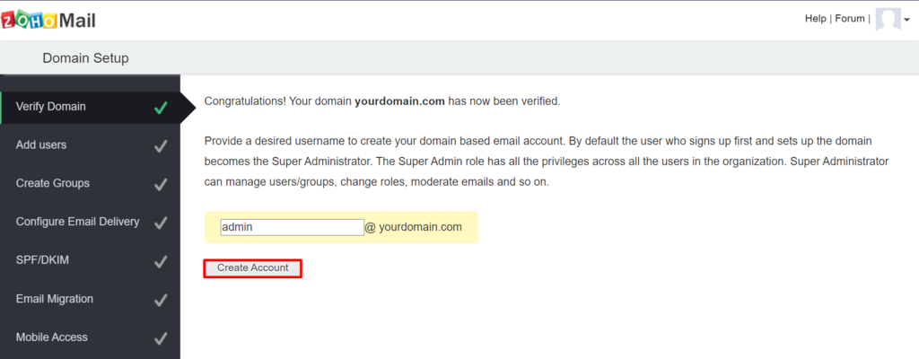 Screenshot of how to set up an account with Zoho Mail
