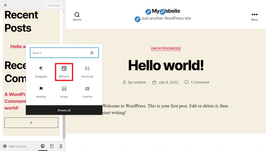 The Customizer page, highlighting the WPForms block in the block inserter
