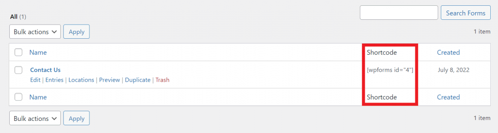 The WPForms page, highlighting the Shortcode column
