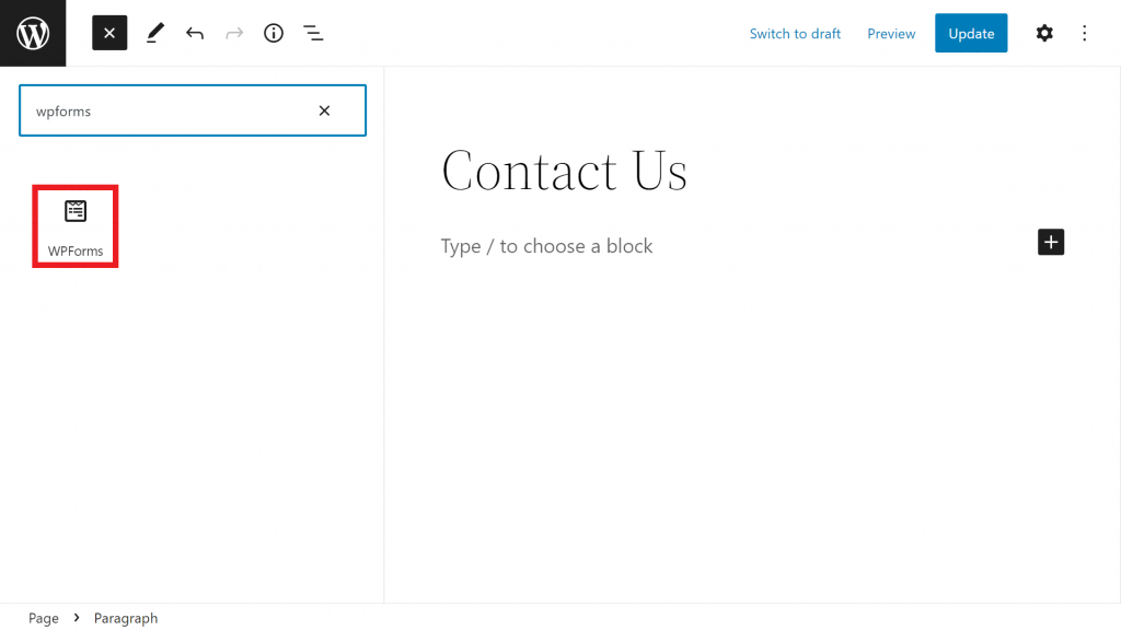 The WordPress block inserter, highlighting the WPForms block
