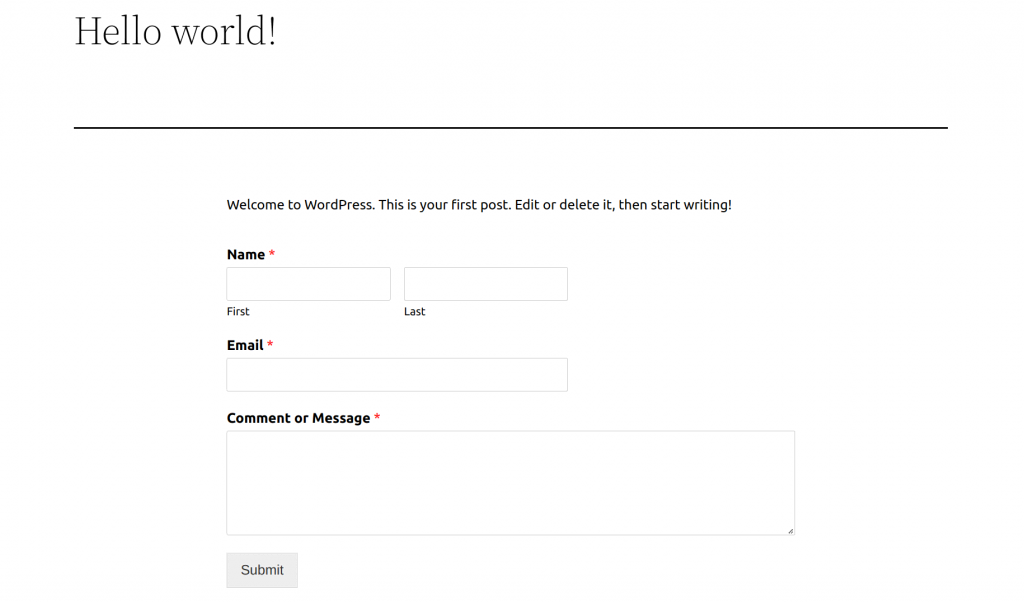 The WordPress preview page, showing a contact form in a post entitled Hello World!
