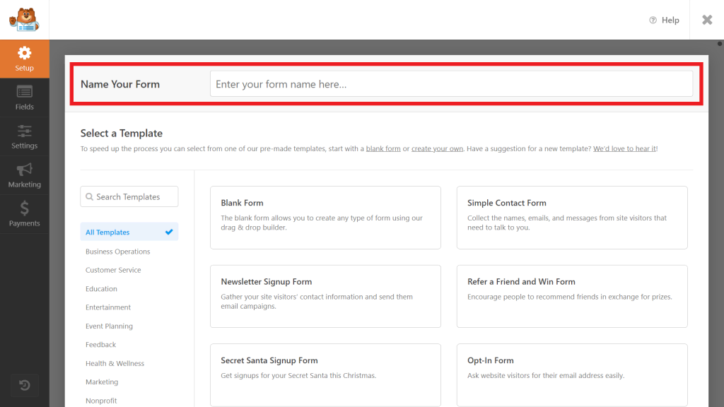 WPForms form builder, highlighting the Name Your Form field
