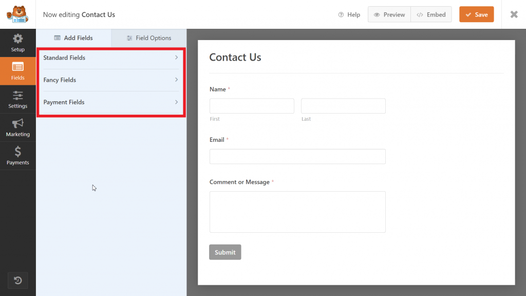 WPForms form builder, highlighting the three Add Fields sections - Standard Fields, Fancy Fields, and Payment Fields
