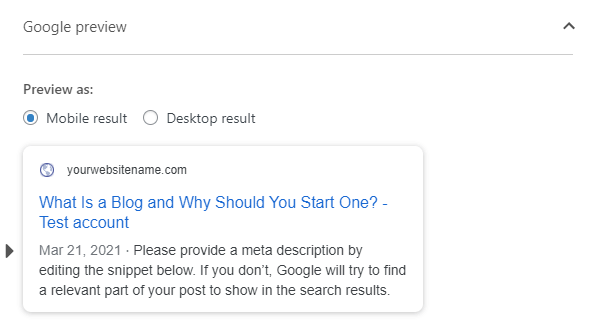 Google Preview of meta description of a What is a Blog article 
