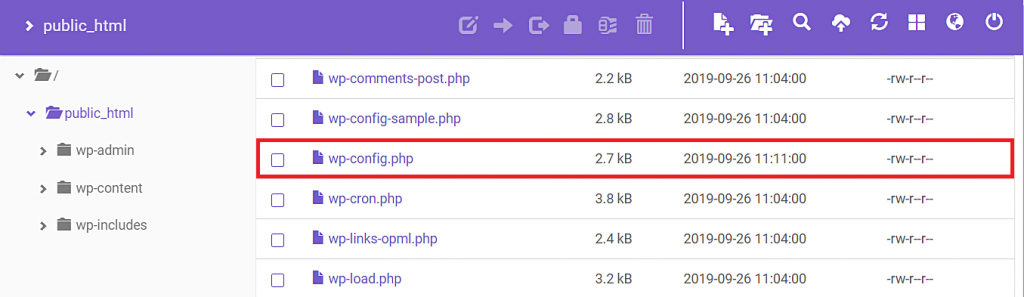 Searching for the wp-config.php file using Hostinger's File Manager