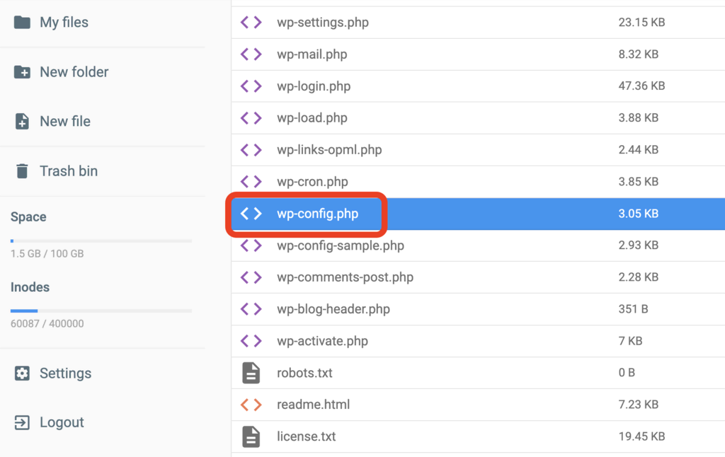 public_html folder within Hostinger hPanel's File Manager with the wp-config file highlighted