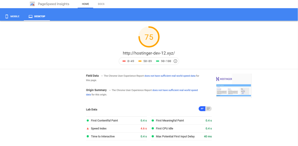 Google Page speed insight score of your website