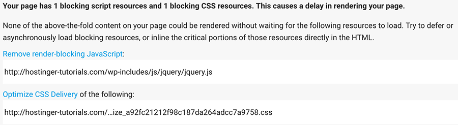 1 resource blocking dan 1 resource blocking CSS tersisa setelah Autoptimize