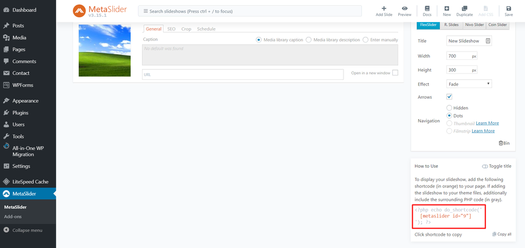 metaslider shortcode in wordpress dashboard
