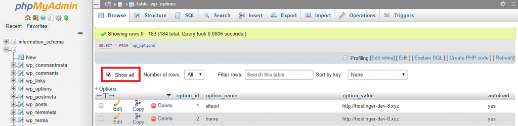 This image shows you how to expand the wp_options table content in phpMyAdmin.