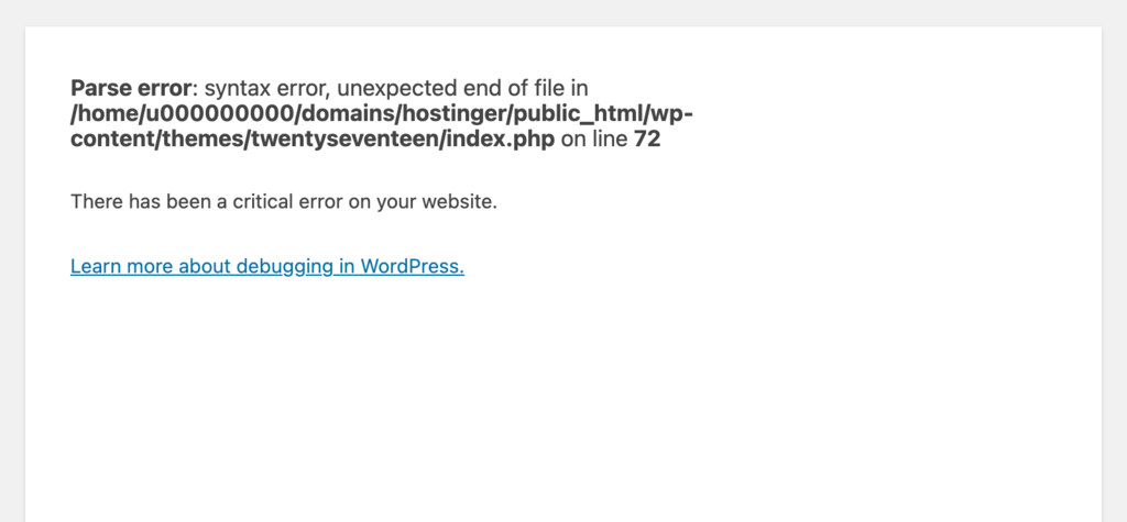 A syntax error message that appears on the homepage.