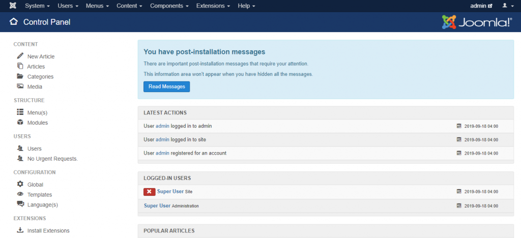 Capture d'écran du panneau de contrôle de Joomla