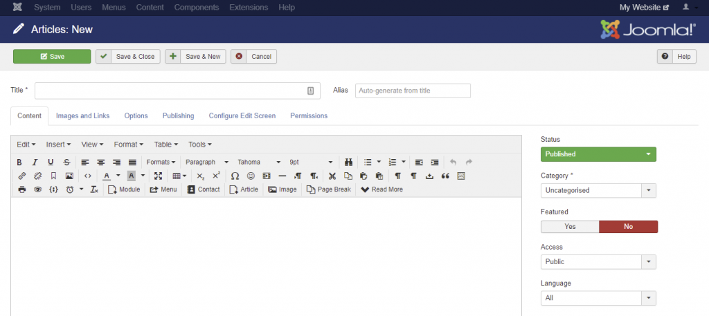 Screenshot of Joomla editor