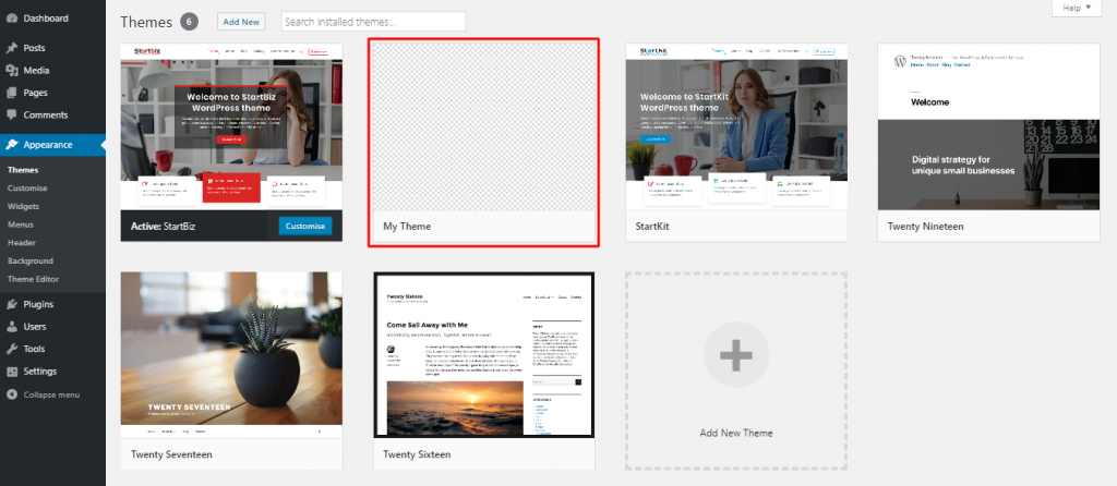 the dashboard preview after you create a wordpress theme folder