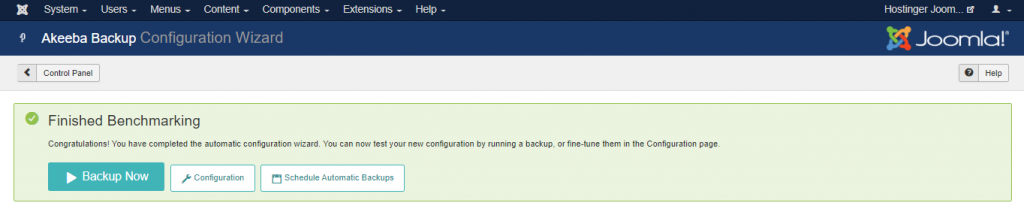 Finishing the Akeeba Backup Configuration on the Hostinger Joomla Tutorial site