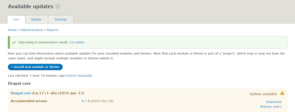 available updates menu in drupal