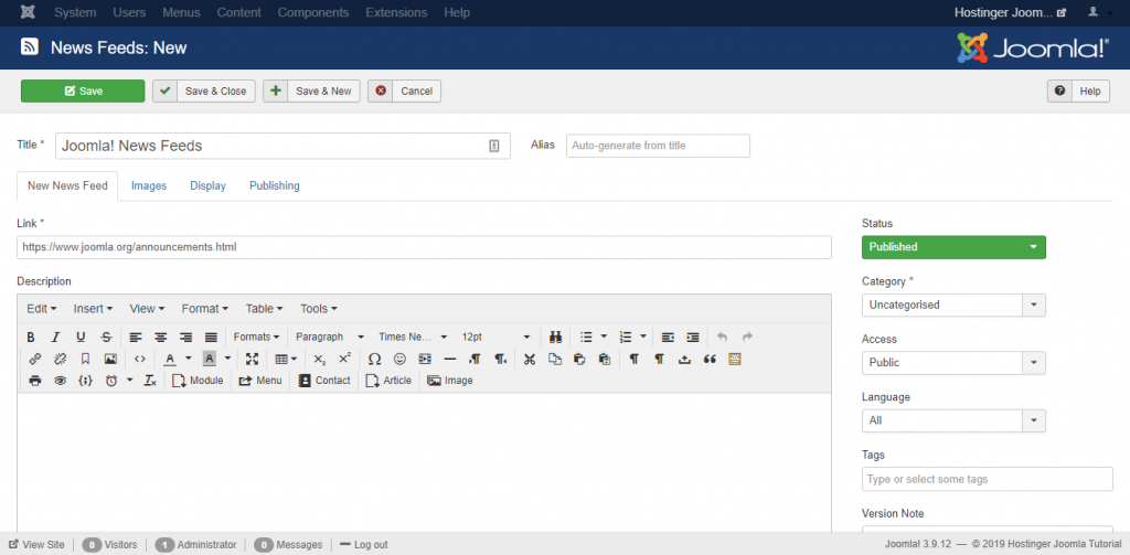 Creating News Feeds on the Hostinger Joomla Tutorial site