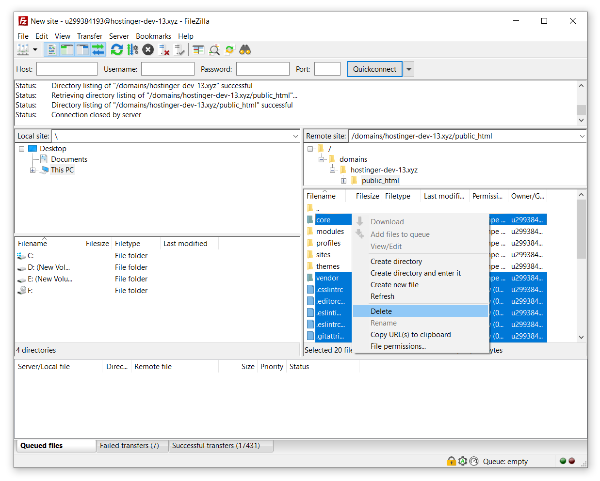 deleting core files of drupal in filezilla