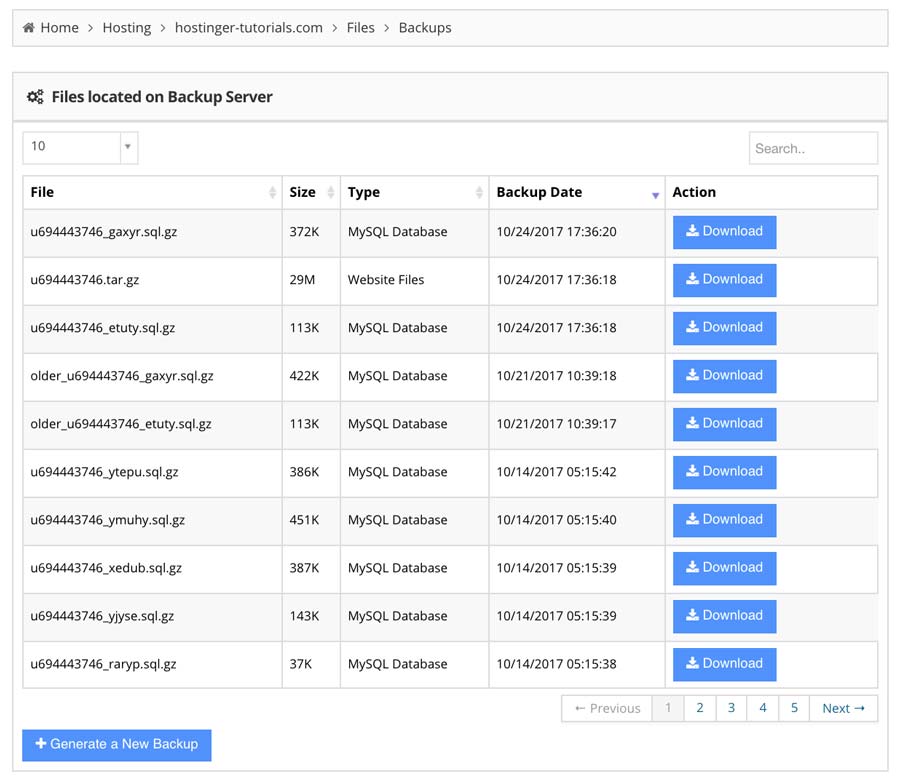 hostinger backups section