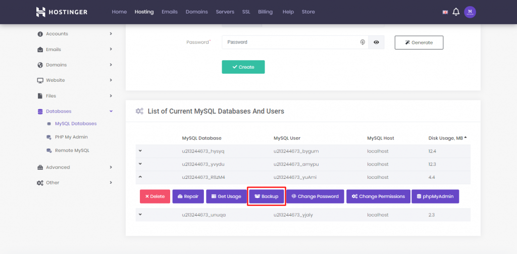 Backing up your MySQL databases from hPanel