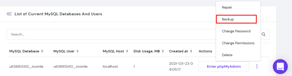 Screenshot of the Hostinger MySQL Database backup button