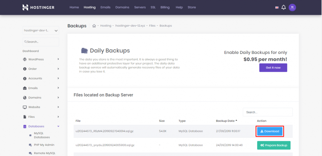 Downloading backup files from hPanel
