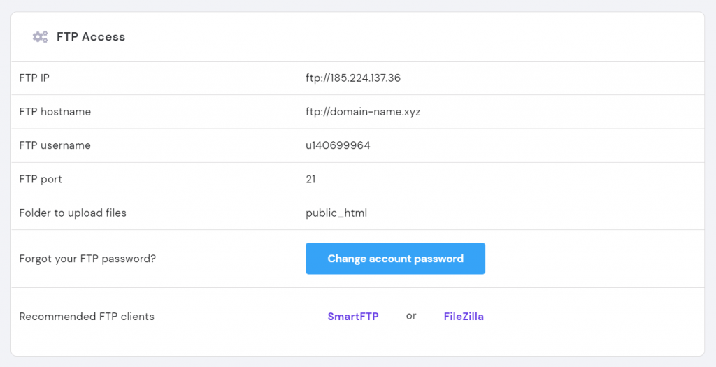 FTP hostname, username and password information in hPanel.