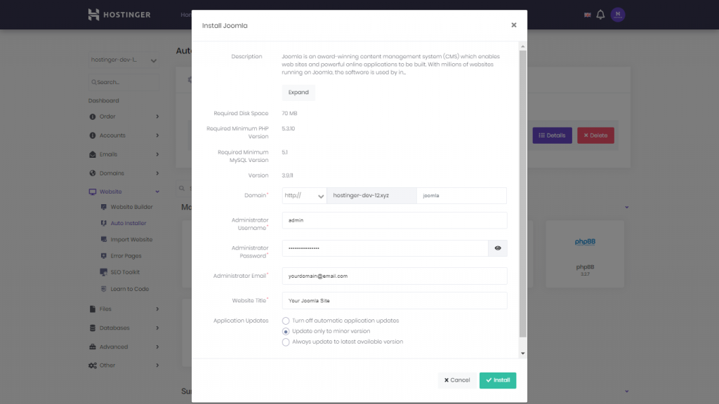 Installing Joomla from your hPanel and filling in the installation wizard