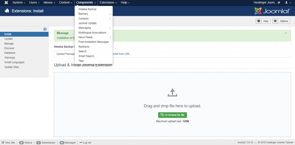 Screenshot of Joomla's components tab