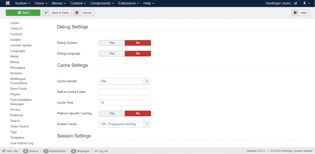 Screenshot of Joomla's debug settings