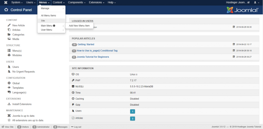 Screenshot of Joomla's menu tab