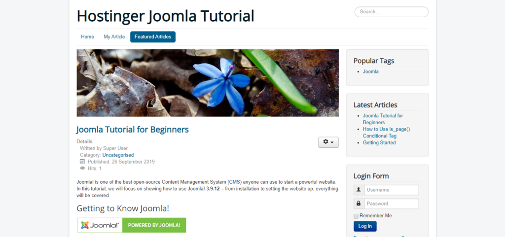 Featured Articles menu on the main Hostinger Joomla Tutorial site