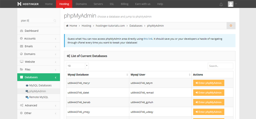 Liste des bases de données phpMyAdmin