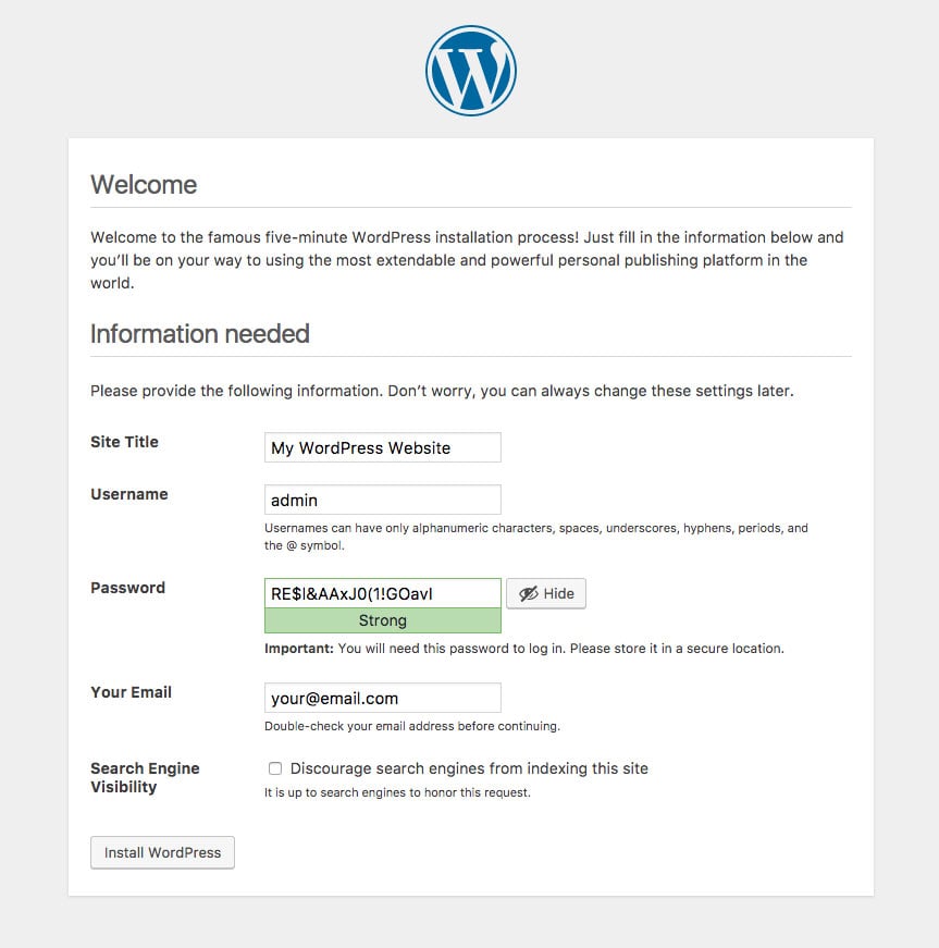 Tombol install WordPress