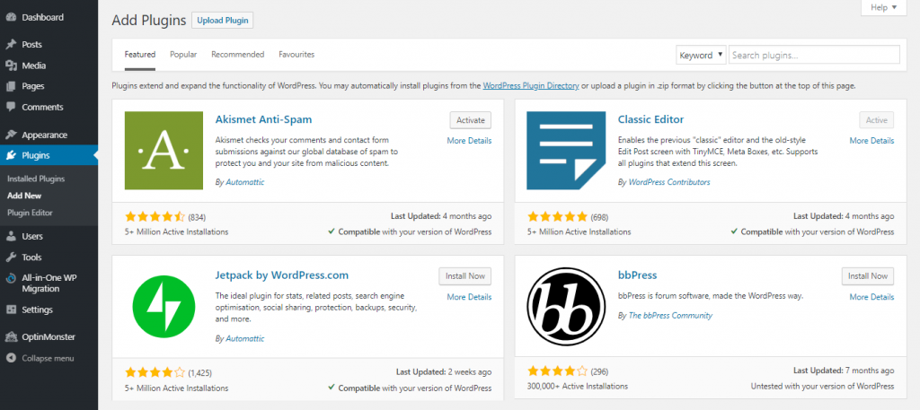 The Add Plugins screen on the WordPress dashboard