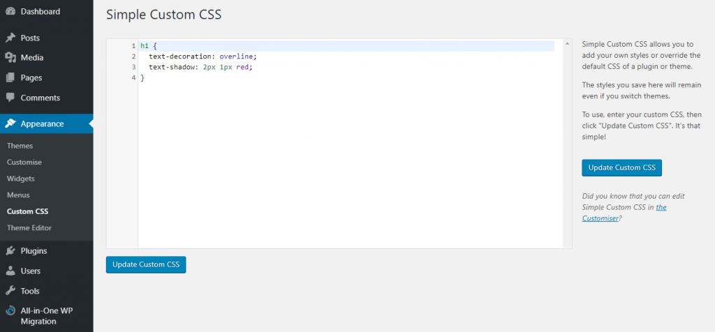 Adding custom CSS using Simple Custom CSS plugin