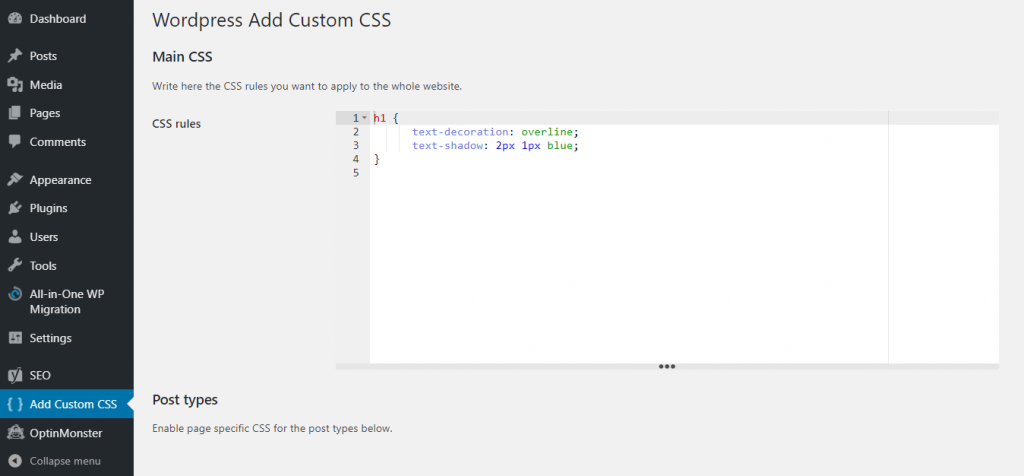 Adding custom CSS using WP Add Custom CSS plugin