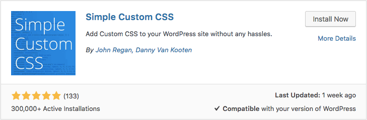 Install plugin Custom CSS WordPress, Simple Custom CSS, via dashboard