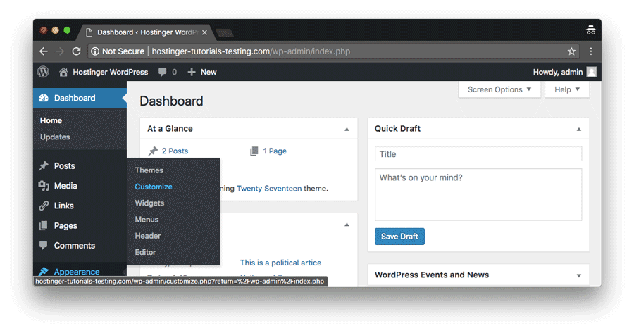 Buka Appearance dan Customize di WordPress dashboard